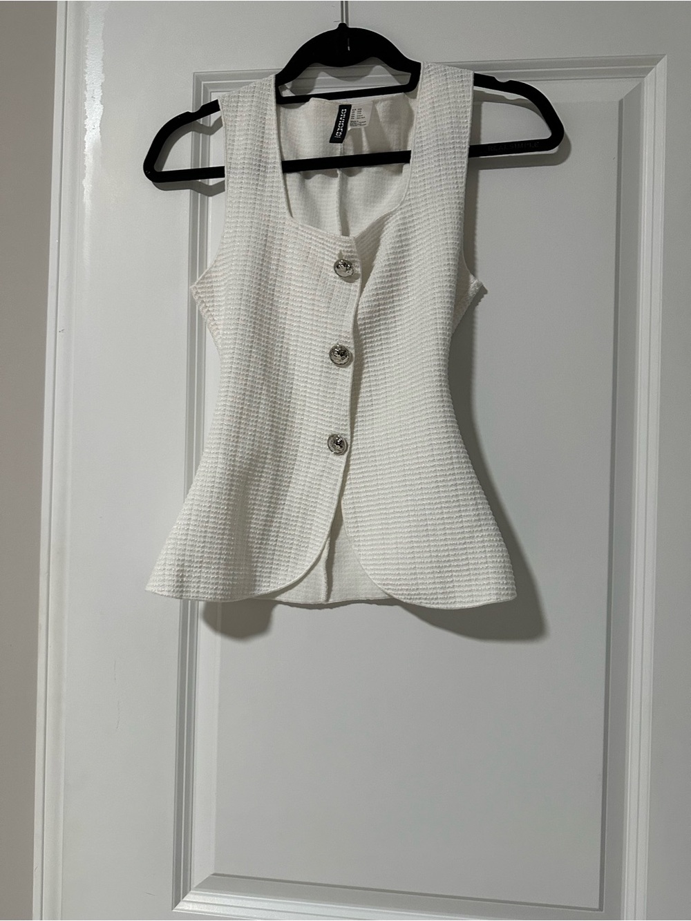 Divided White Textured Sleeveless Button Vest